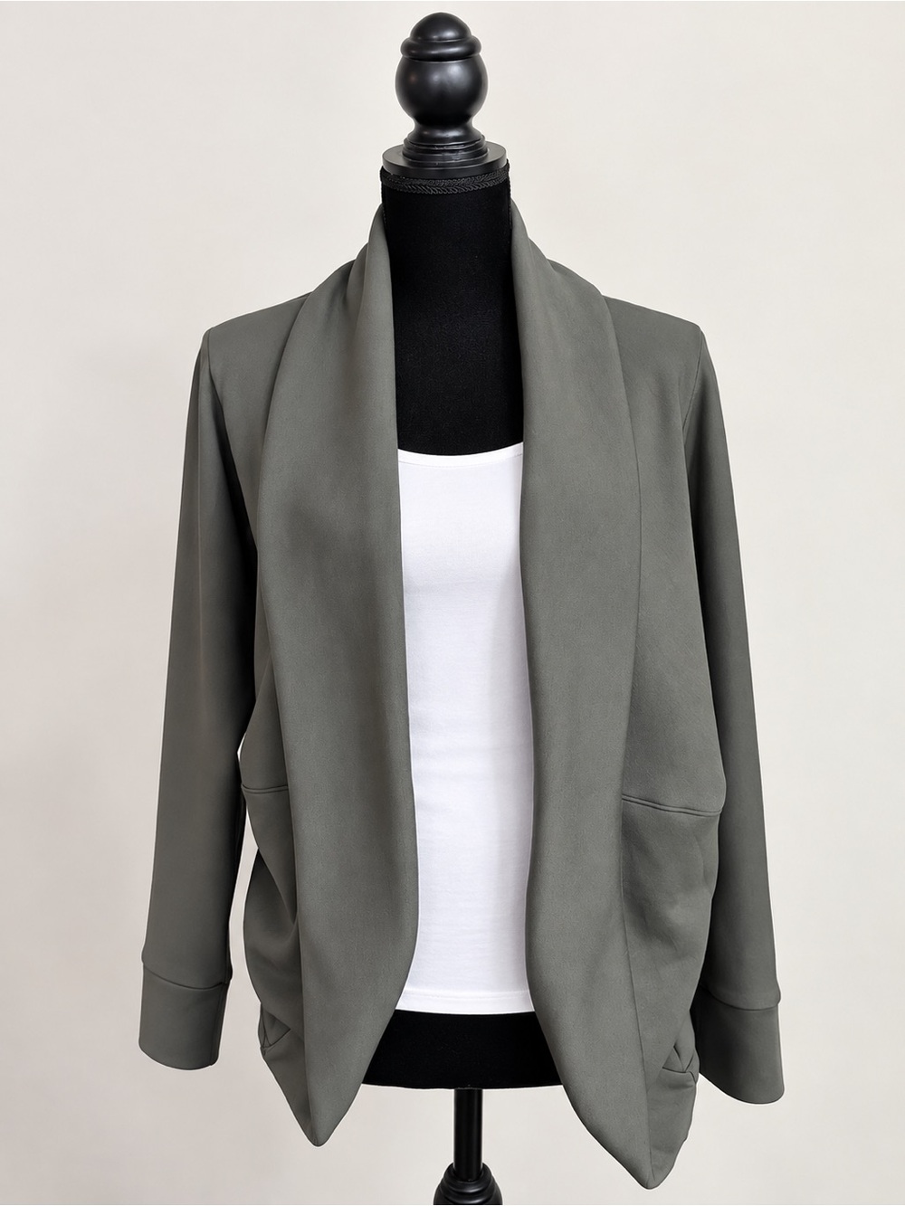Tahari Olive Green Open-Front Shawl Collar Cardigan